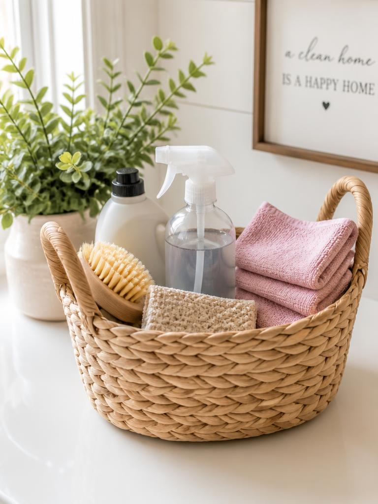 Basket of cleaning supplies with pink towels