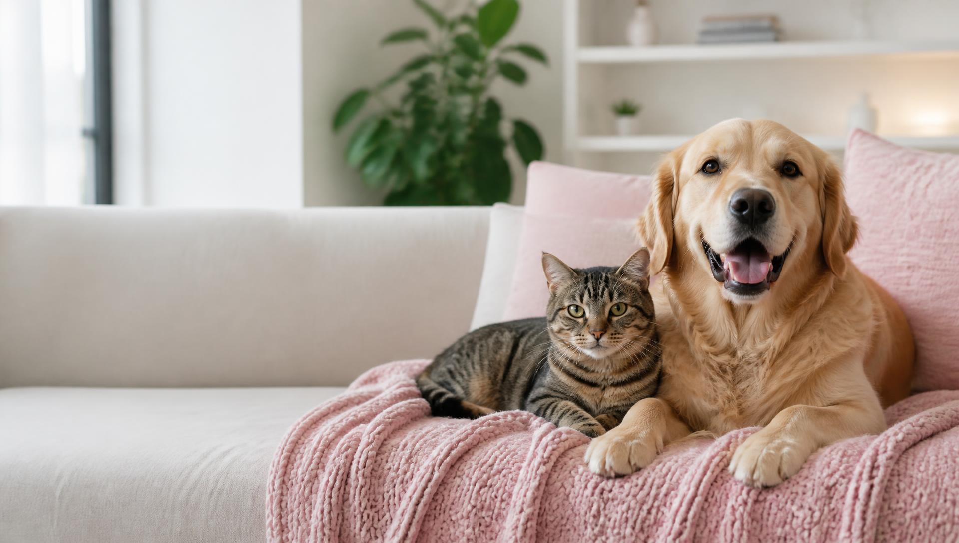 A golden retriever and tabby cat relaxing on a pink blanket in a bright clean living room